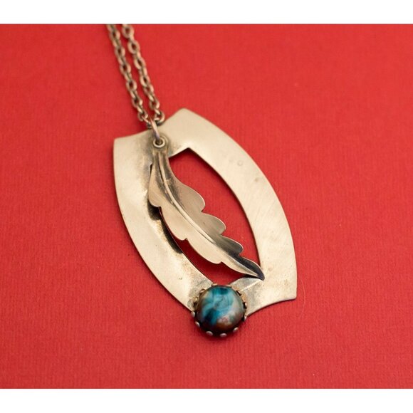 Vintage Medieval Rectangular-Feather-Galaxy Stone Necklace 26 inches F18 - Picture 1 of 4